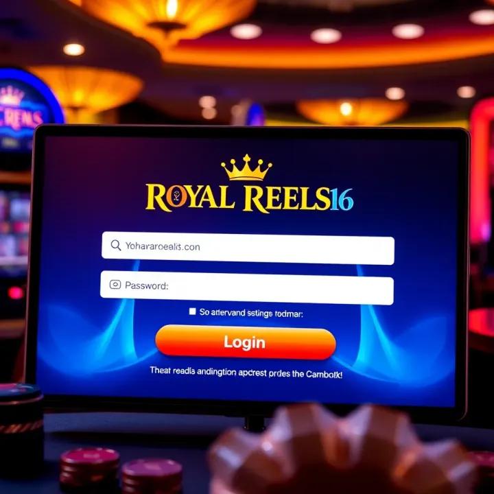User interface displaying Royal Reels 16 login screen with username and password fields