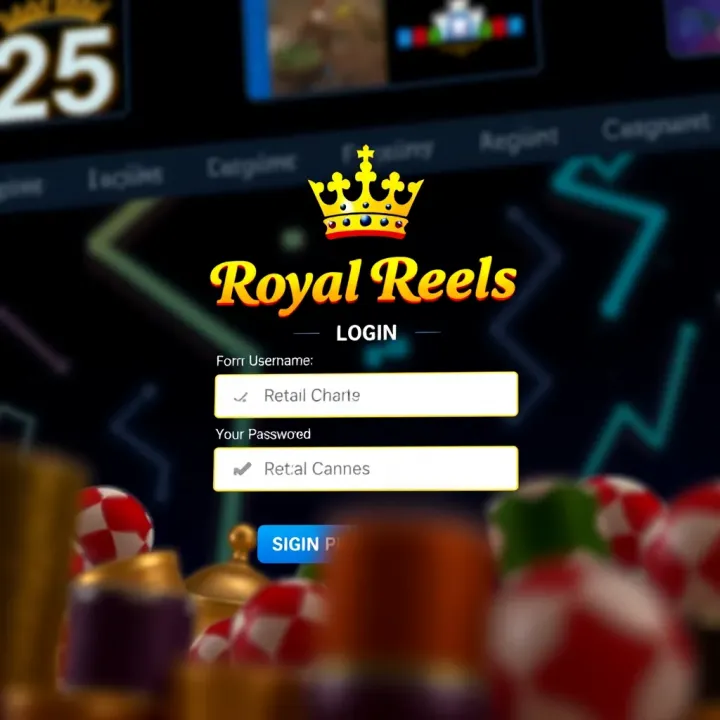 User interface illustrating the Royal Reels login screen with fields for username and password