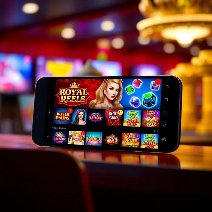 Mobile phone displaying Royal Reels Casino with various slot games and user-friendly interface