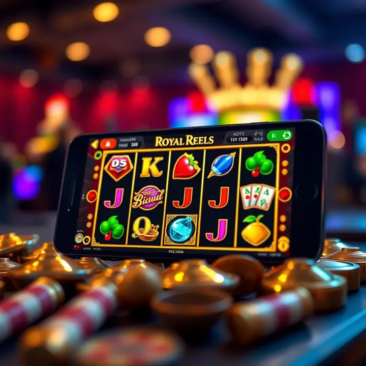 Mobile device displaying Royal Reels slot game interface with vibrant reels and symbols