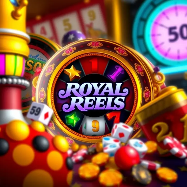 Illustration of a spinning slot reel with vibrant casino symbols representing Royal Reels bonus features