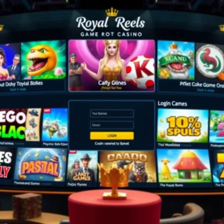 Display of diverse online casino games available on Royal Reels platform with secure login interface