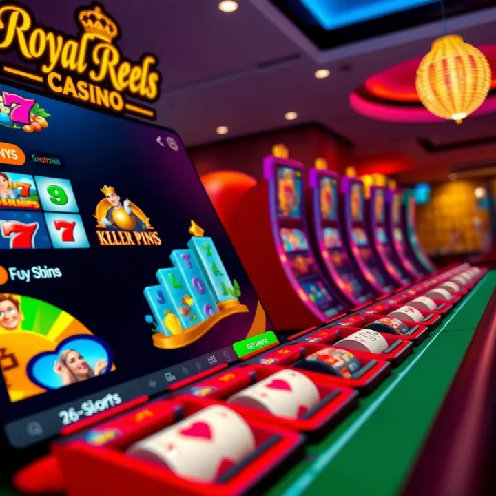 Colorful online casino interface with various pokies and table game icons displayed