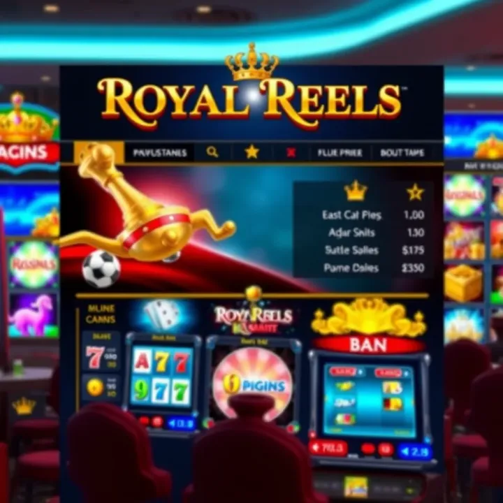 Royal Reels online casino homepage showcasing vibrant slot machine graphics and navigation menu