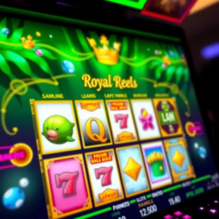 Royal Reels Online Casino Interface with Vibrant Slot Reels Colorful slot machine reels displaying various symbols in an online casino interface