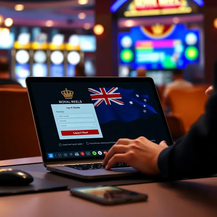 Accessing Royal Reels Platform in Australia User logging into Royal Reels platform on a laptop with Australian flag visible