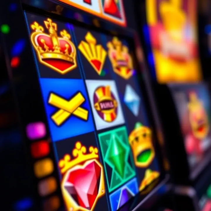 Colorful digital slot machine reels with symbols like crowns and gems