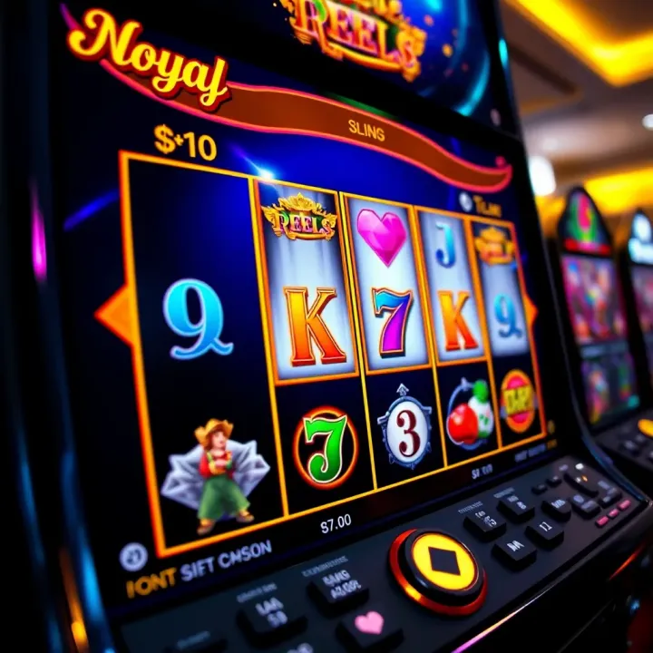 Royal Reels Slot Game Interface with Features Online slot machine interface showcasing Royal Reels game features with vibrant symbols and payout information