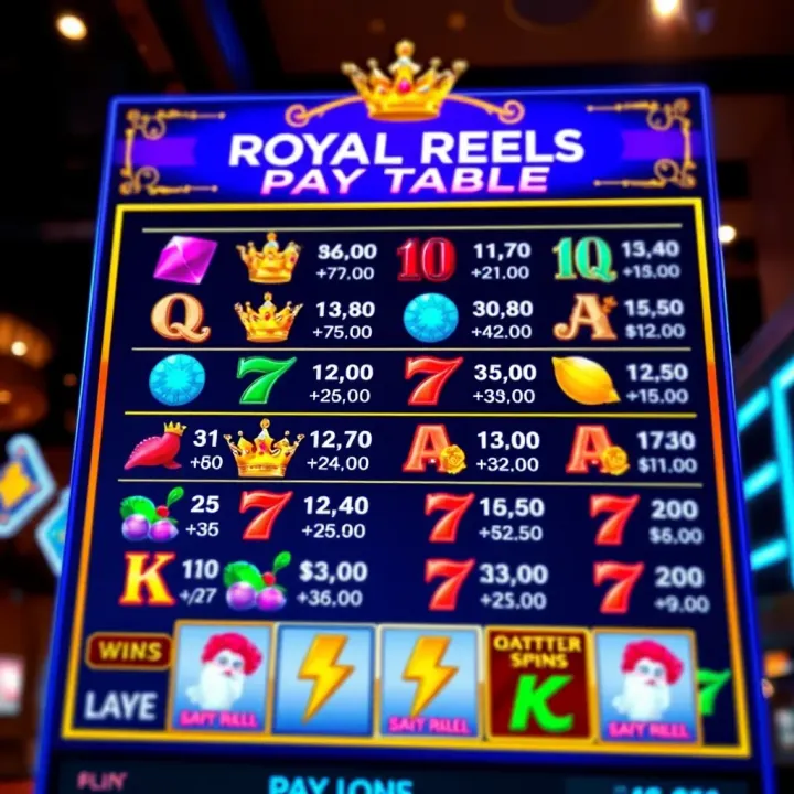 Royal Reels slot game pay table showing various winning symbols and their payout values