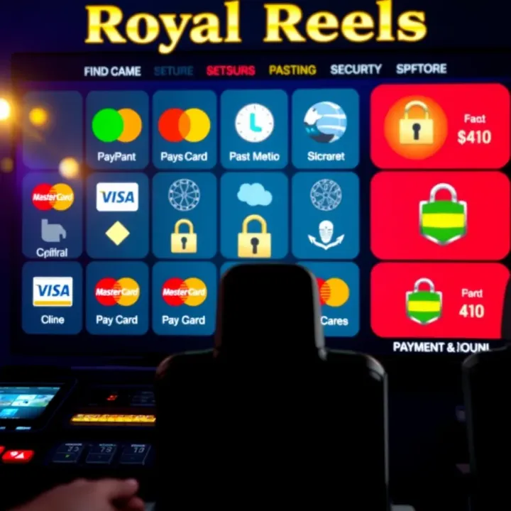 Display of various payment method icons and secure transaction indicators on Royal Reels platform