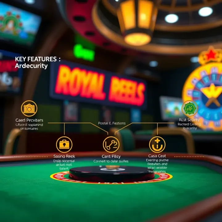 Visual guide highlighting key features and security options available on Royal Reels platform