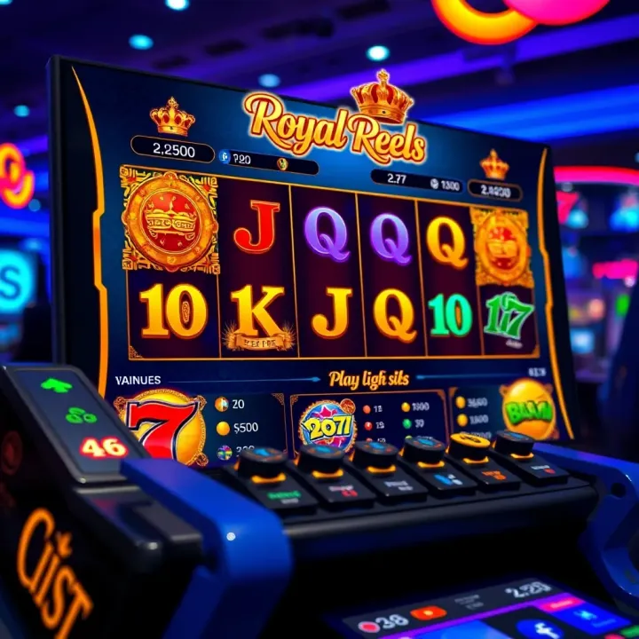 User interface of Royal Reels platform showing vibrant slot game symbols and gameplay options