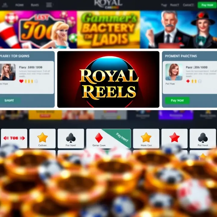 Collage of casino game elements with user reviews and payment icons