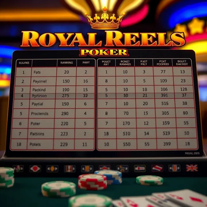 Diagram showing poker rankings alongside payout chart for Royal Reels Poker
