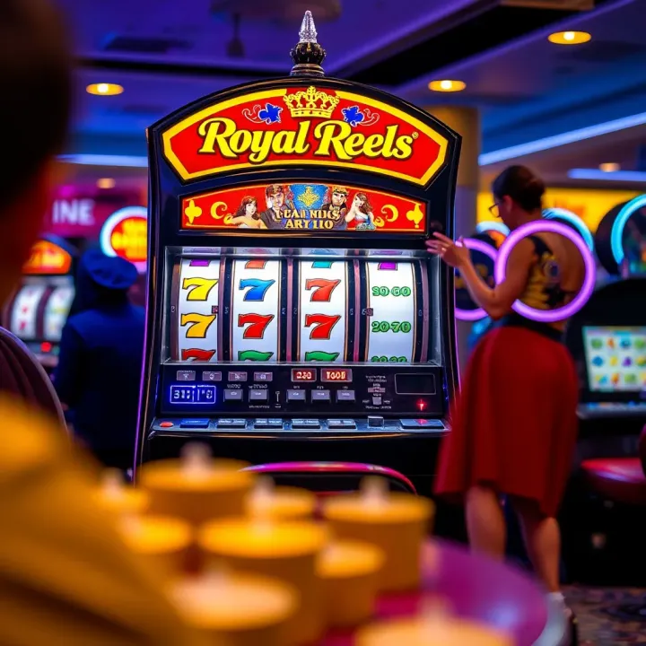 Colorful Royal Reels pokies machine with reels showing vibrant symbols in an Australian casino
