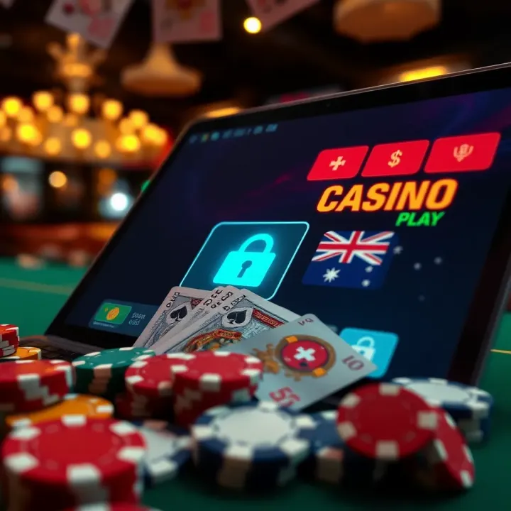 Illustration of secure online transaction with Australian currency and casino chips