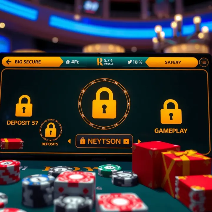 Secure online casino platform with icons representing encryption, safe deposits, and responsible gaming