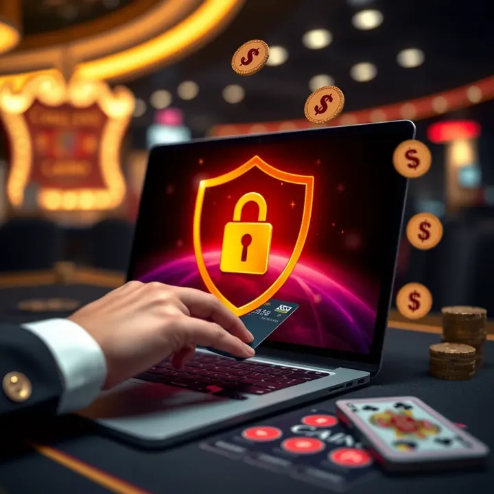 Secure online payment transaction with digital currency icons and a shield symbolizing safety
