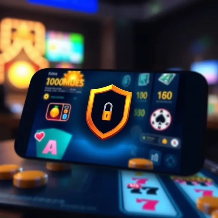 Secure mobile gaming environment with icons representing app updates, security features, and responsible play