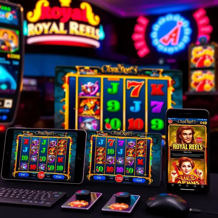 Royal Reels 7 Gameplay on Multiple Devices Mobile and desktop devices showcasing Royal Reels 7 slot gameplay with visible betting options and payout indicators