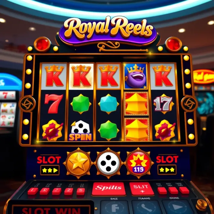 User interface of Royal Reels slot game displaying vibrant reels and symbols