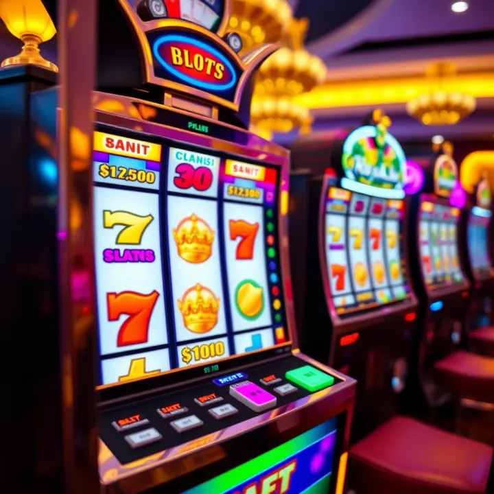 Vibrant Royal Reels Slot Machine with Classic Symbols Colorful slot machine reels displaying classic symbols and bright lights in a casino setting