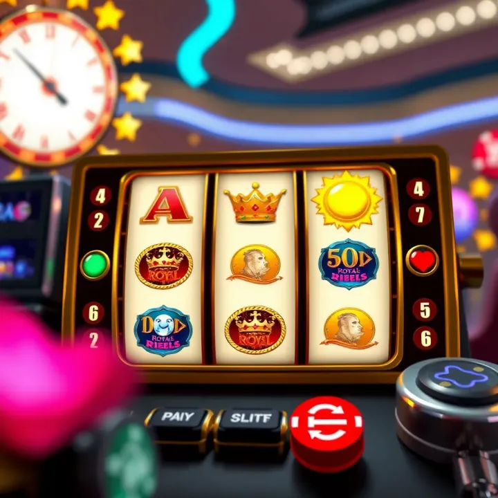 Royal Reels slot game interface showing reels with symbols and pay lines