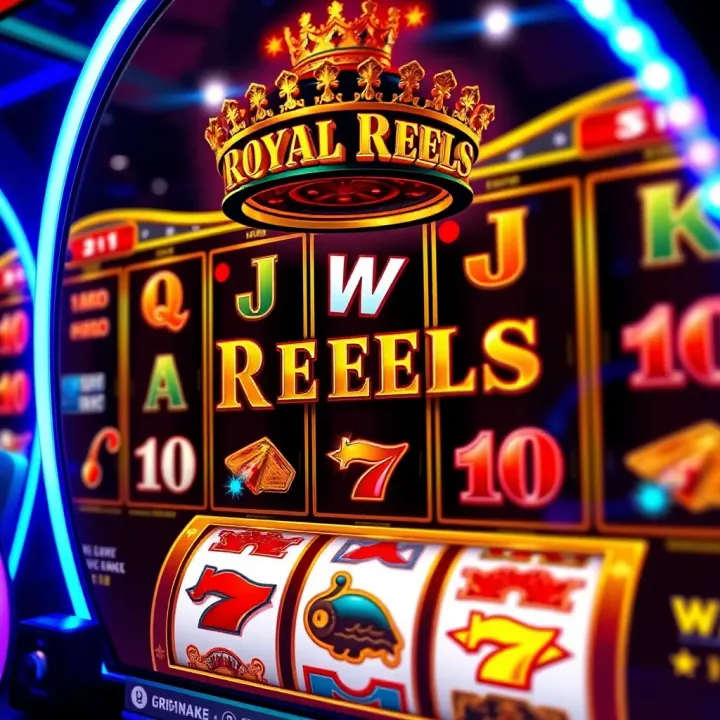 Royal Reels slot machine interface showing vibrant reels and winning symbols under bright lights