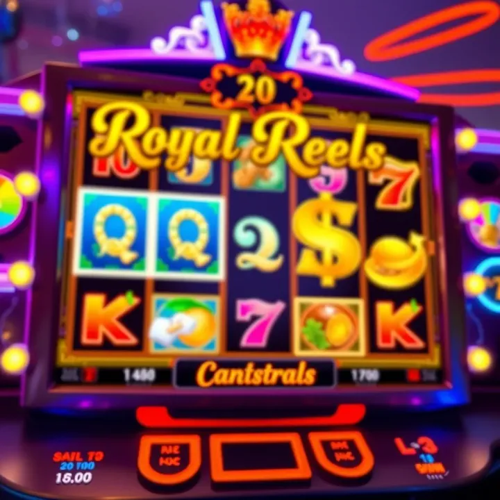 Interface displaying Royal Reels slot game with vibrant symbols and bonus features