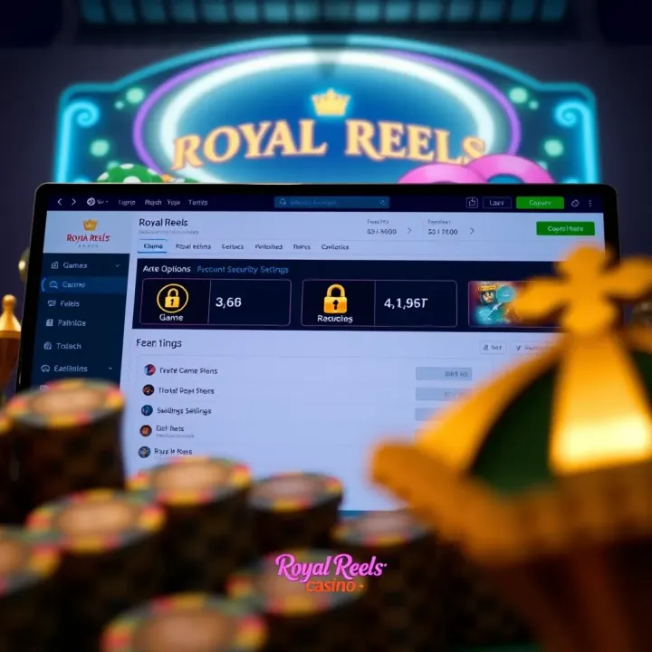Dashboard of Royal Reels platform highlighting game options and account security settings
