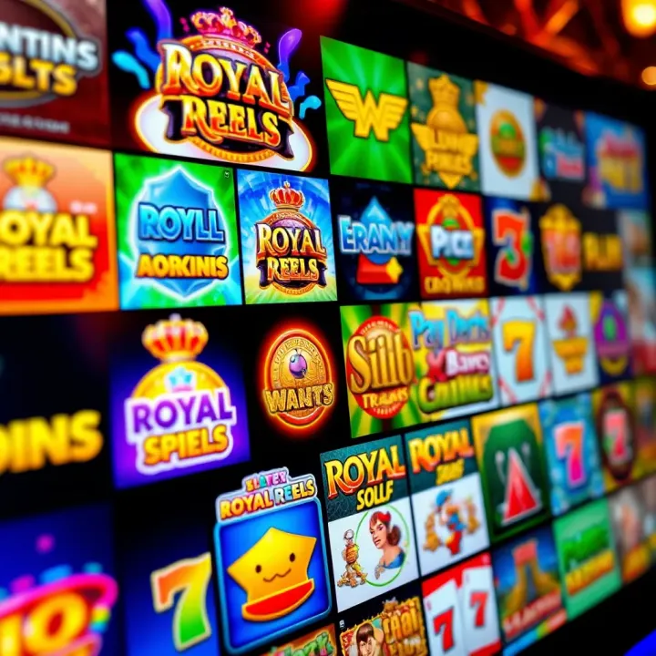 Variety of Royal Reels Slot Game Titles Colorful assortment of Royal Reels slot game titles displayed on a digital screen
