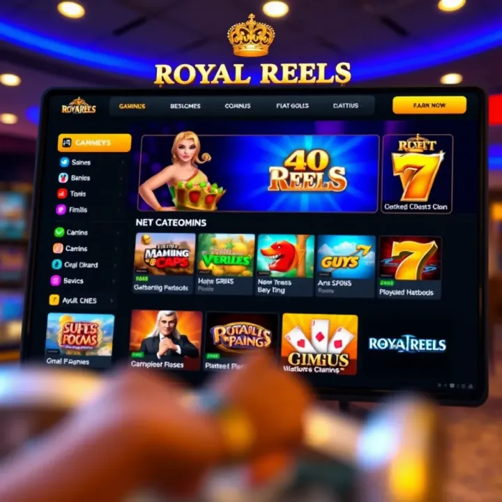 User interface of Royal Reels official website showing various game categories and navigation menu