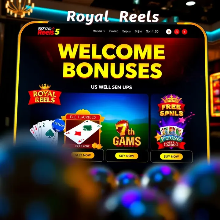 Welcome bonuses and rewards displayed on Royal Reels 5 Casino promotional page