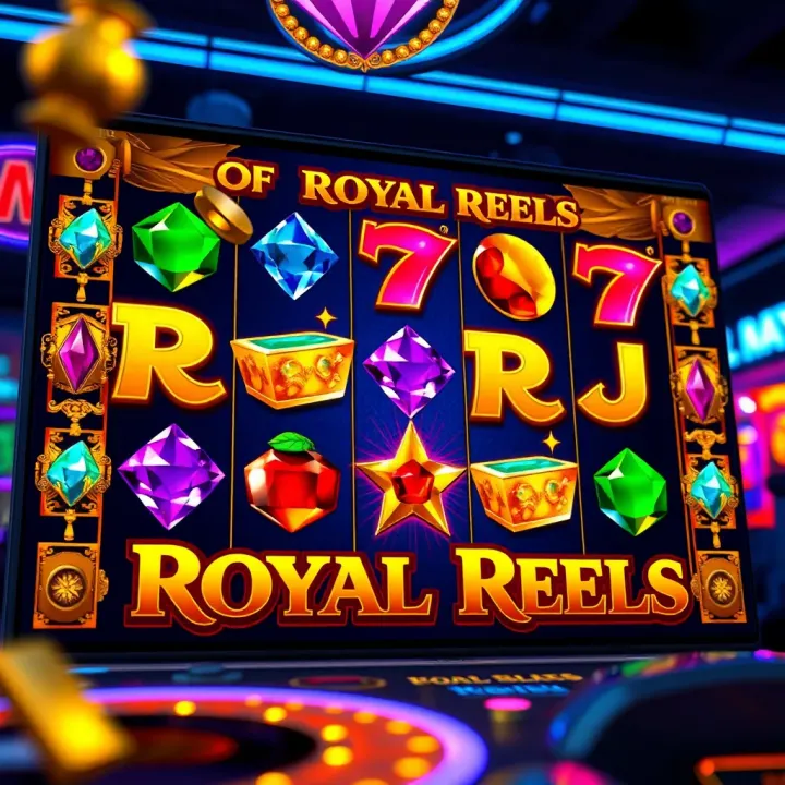 Colorful Royal Reels slot game screen with vibrant jewels and gold accents