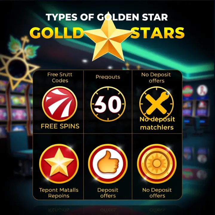 Types of Golden Star Casino Bonus Codes Illustration showing different types of casino bonus codes with icons representing free spins, deposit matches, and no deposit offers