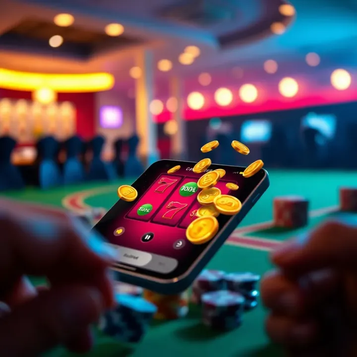 Illustration of mobile phone showing winning coins and bonus symbols