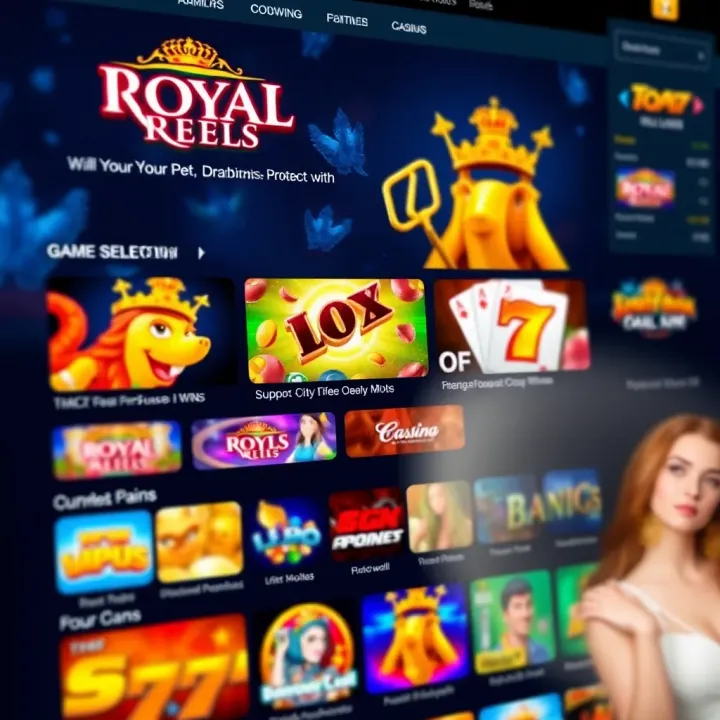 Royal Reels casino website homepage showcasing vibrant slot game thumbnails and promotional banners