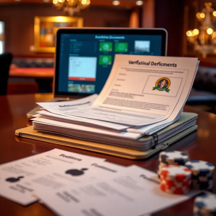 Secure verification documents neatly arranged on a table with a laptop