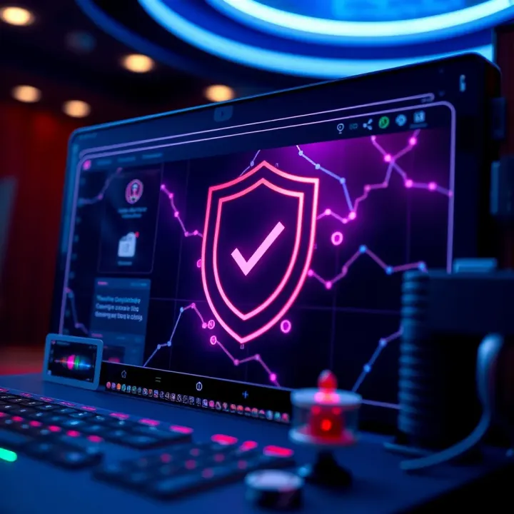 Illustration of secure online gambling platform with digital shield and checkmark symbolizing compliance and player safety