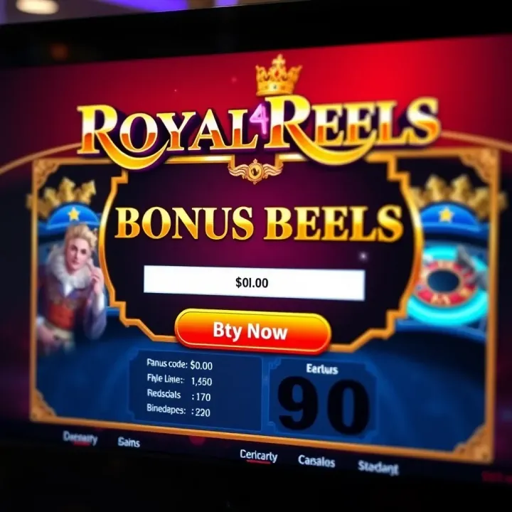 Screenshot showing the Royal Reels online casino game interface with bonus code entry field