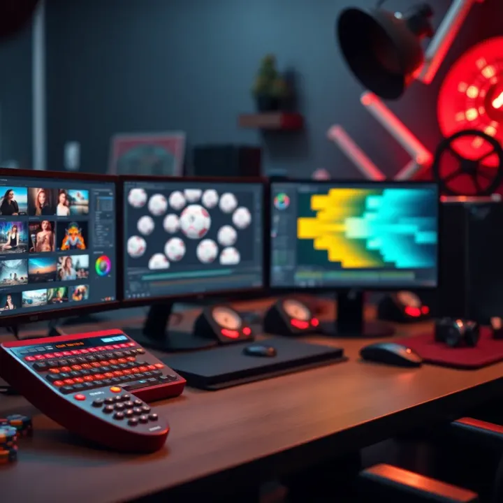 Digital editing workspace showing photo management software with visual editing tools