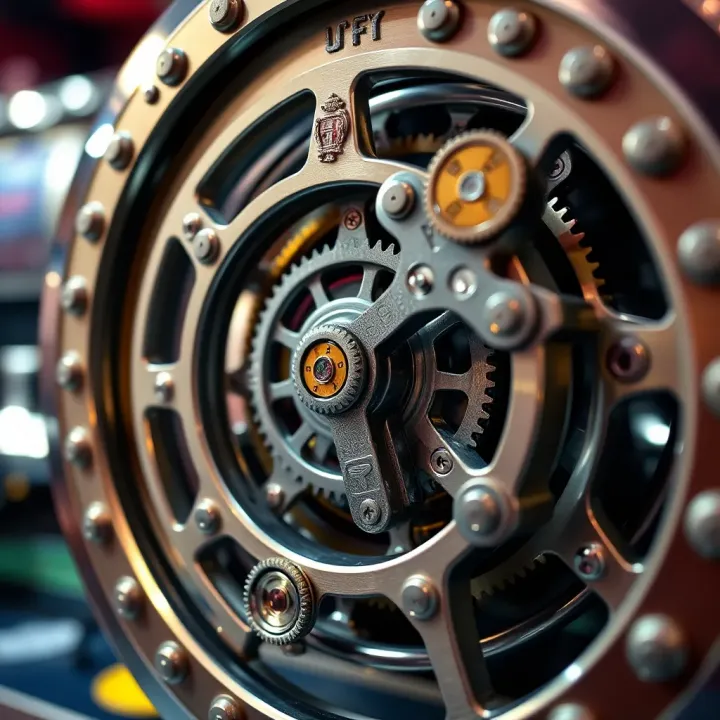Detailed view of a classic reel mechanism showcasing intricate gears and symbols