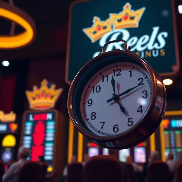 Royal Reels Operating Hours and Support Availability Wall clock showing business hours with Royal Reels logo in background