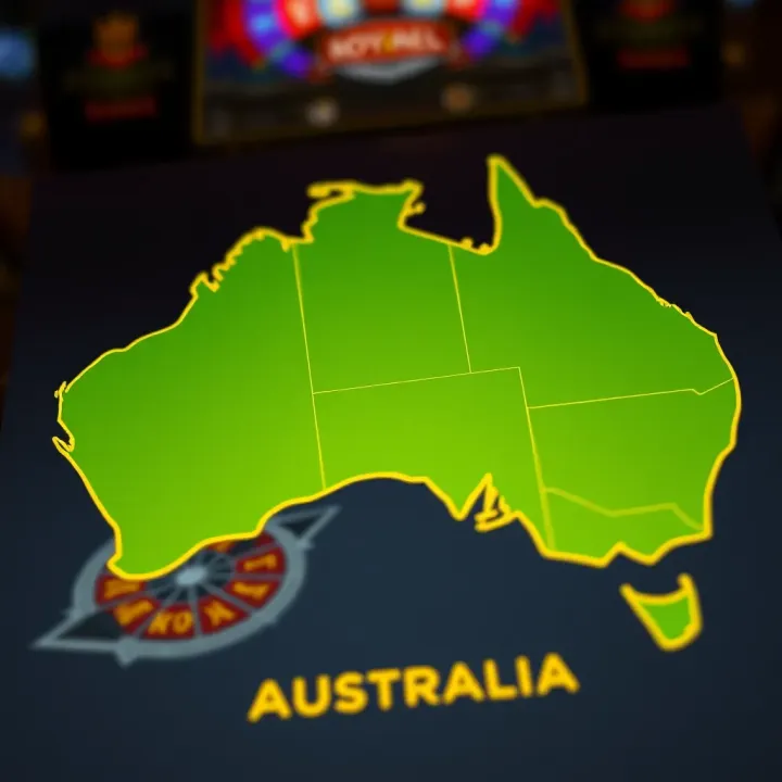 Map of Australia highlighting regions with restricted access to Royal Reels gambling game