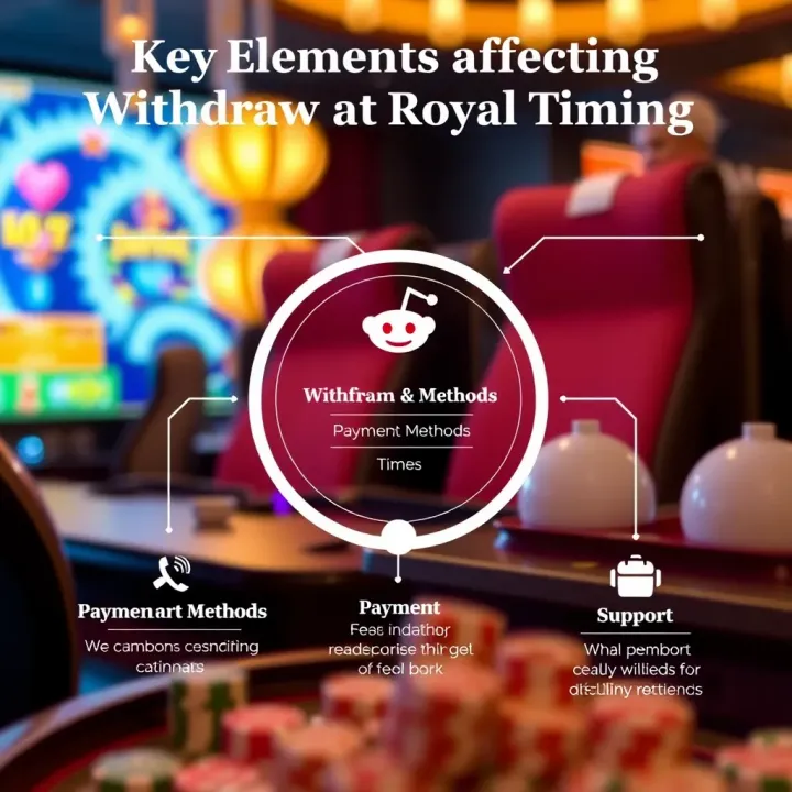 Diagram showing factors influencing the timing of online casino withdrawals with icons for verification, payment methods, and support